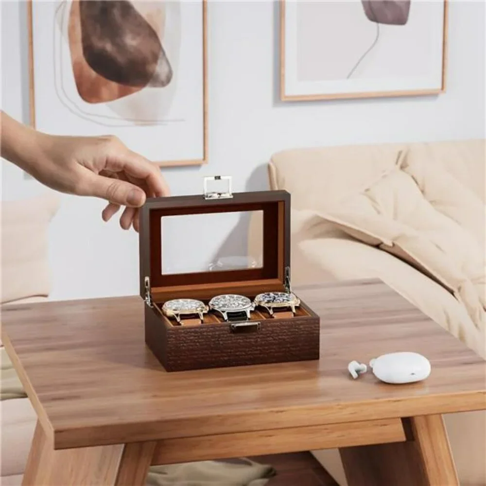 Wood Watch Box for Men 3 Slot Display Case with Glass Lid Organizer Storage